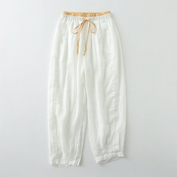 Wycnly on Sale Cropped Pants for Women Womens Harem Pants Casual Pocket Loose Drawstring Elastic Waist Cropped Trousers Vintage Cotton Linen Wide Leg Leisure Wear Pants