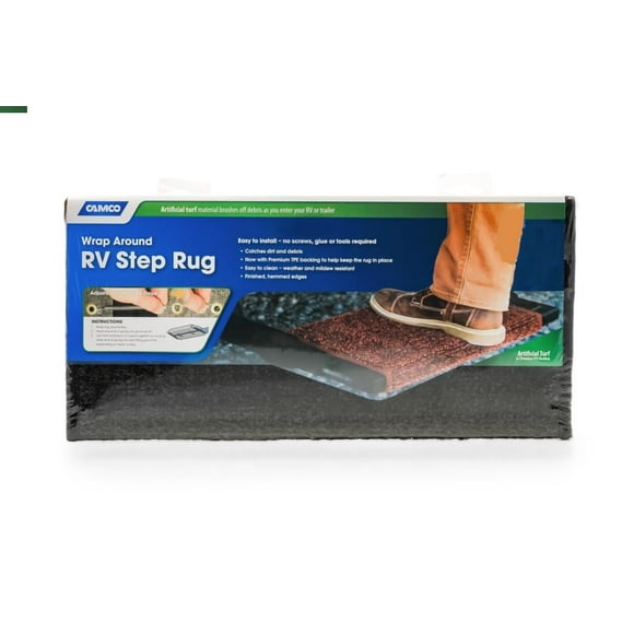 Camco Entry Step Rug 42944 Turf Step; Wrap Around Hook and Spring; XL Step Rug; 22 Inch x 23 Inch Width; Brown; Artificial Turf With TPE Backing; Weather and Mildew Resistant