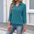 thumbnail image 6 of Polo Shirts for Women Collared V Neck Banded Bottom Long Sleeve Basic Knit Pullover Blouses Cyan XL, 6 of 7