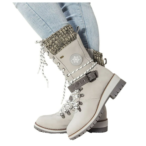 Leozcaa Women's Winter Duck Boots Mid Calf Warm Insulated Plush Lined Waterproof Lace Up Snow Boots