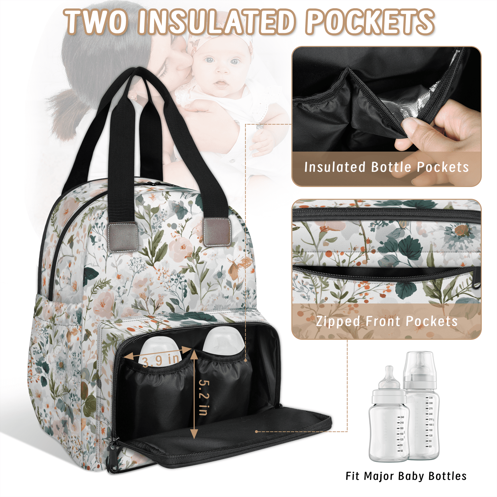 Floral Print Diaper Bag Backpack, Multifunction Baby Travel Backpacks with USB Port, Insulated Pocket, Stroller Straps