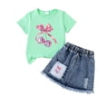 thumbnail image 4 of Girls 2 Piece Outfits Summer Short Sleeve Printed Round Neck Pullover Tops and Denim Jean Mini Skirt Sets Kids Tracksuits Green 6-7 Years, 4 of 6