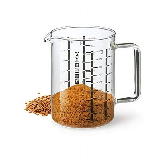 Simax Glass Measuring Cup | Durable Borosilicate Glass, Easy to Read Metric Measurements- Liter, Milliliter, Ounce, Sugar Grams, Flour Grams, Drip Free Spout, Microwave and Dishwasher Safe (16-Ounce)