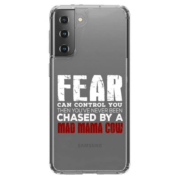 DistinctInk Clear Shockproof Hybrid Case for Galaxy S21 5G (6.2" Screen) - TPU Bumper Acrylic Back Tempered Glass Screen Protector - Never Been Chased By A Mad Mama Cow