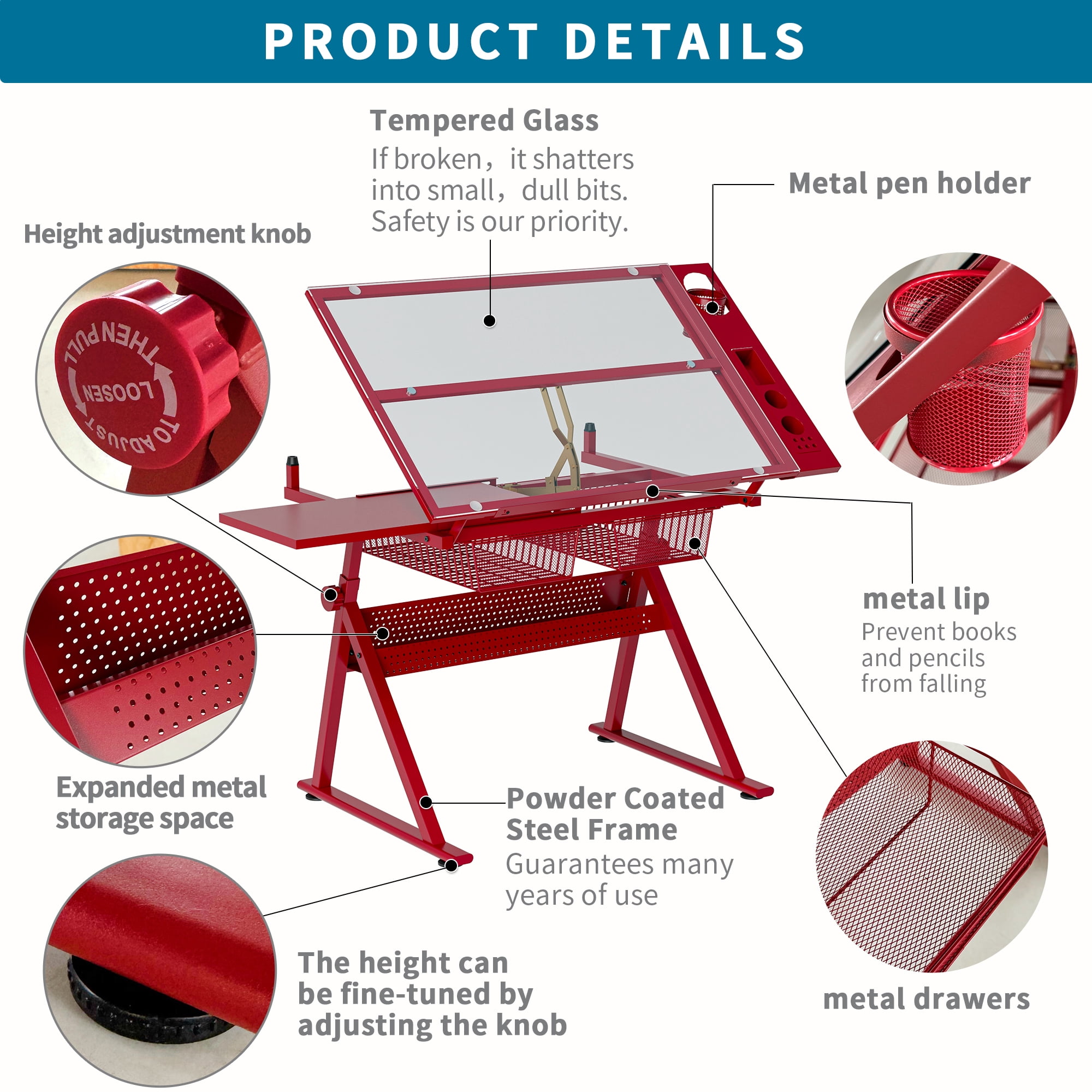 Adjustable Tempered Glass Drafting Table with Chair, 0-75° Tiltable Drawing Table with Height Adjustment, Metal Storage Rack & 2 Drawers, Art Craft Workstation for Printing Drafting