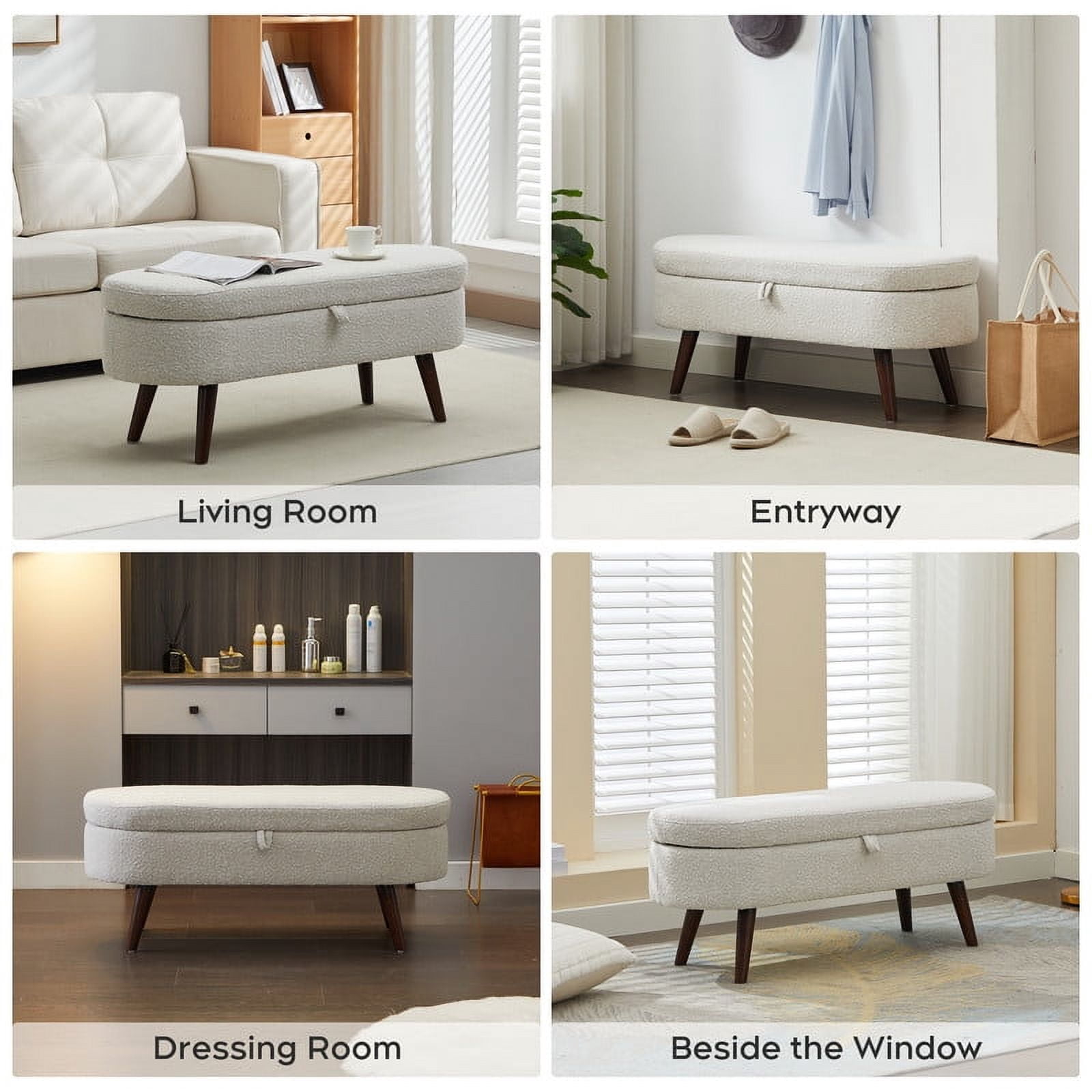Comfort Stretch 44" Beige Boucle Storage Ottoman Bench for Living Room Bedroom Oval Footrest Wood Legs