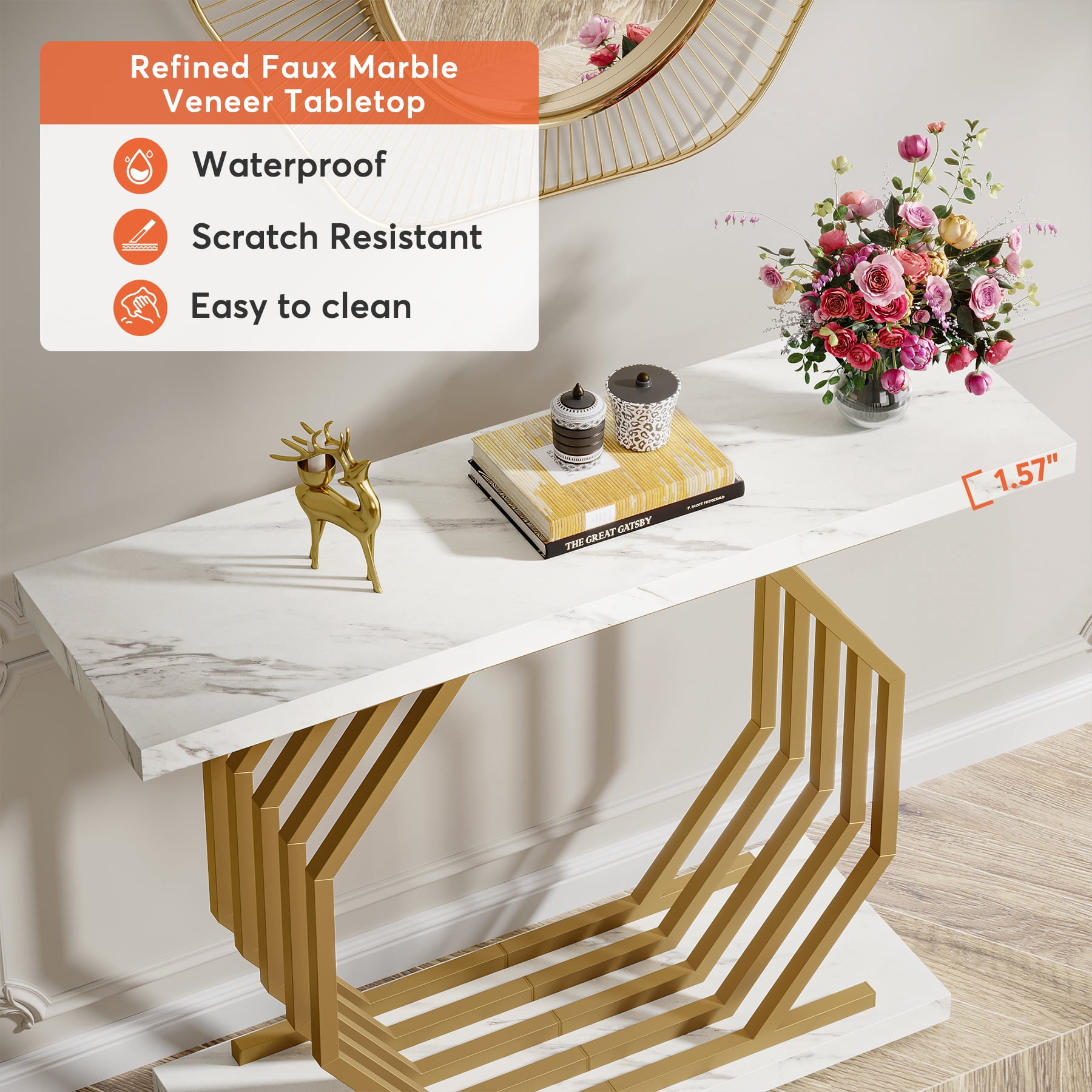 Fnova 40" Console Table, Faux Marble Entryway Table, Narrow Sofa Table with Geometric Metal Frame, Modern Accent Table for Living Room, Hallway, Foyer