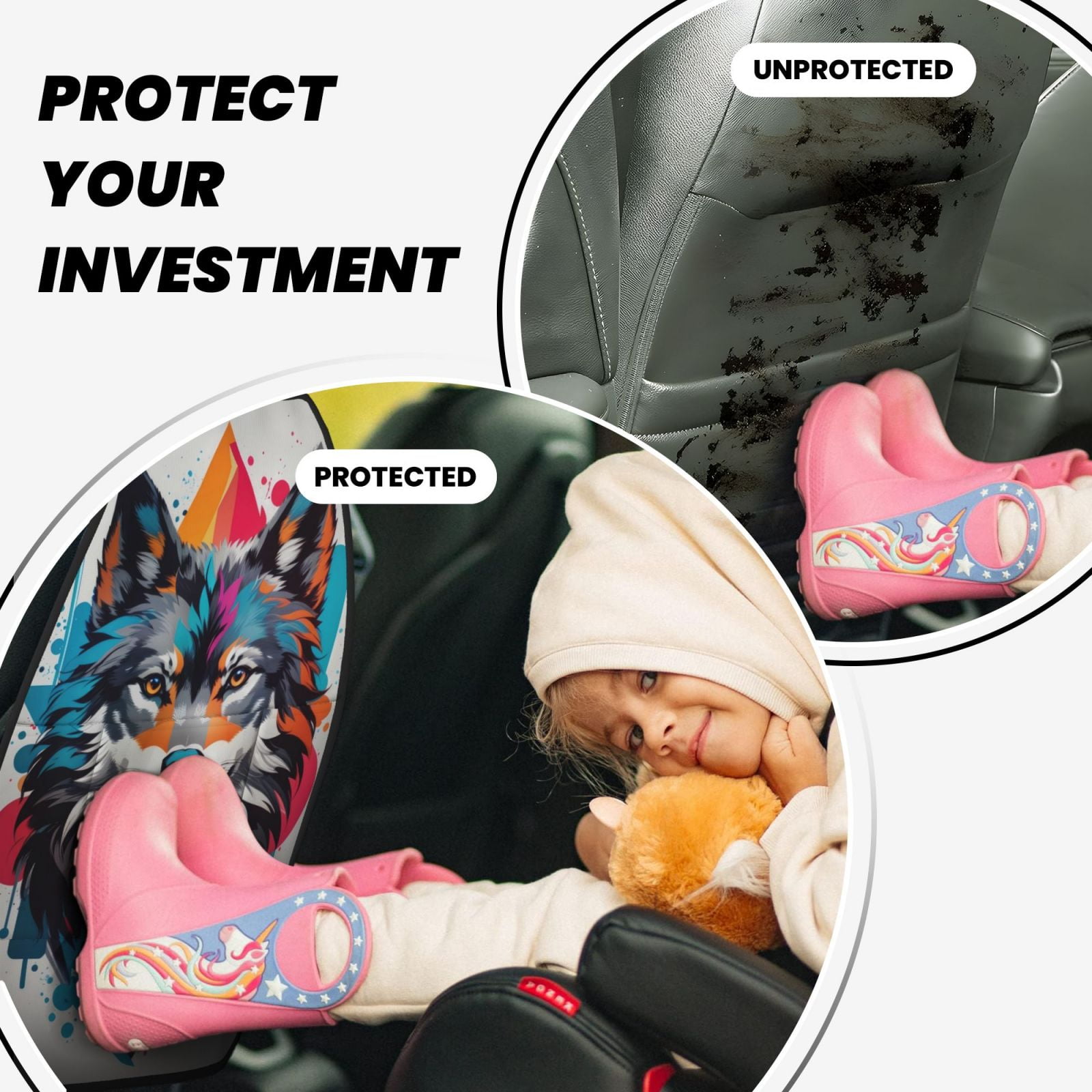Xecao Tie-Dye Wolf Head Pattern Car Seat Back Protector 2 Pack Large Capacity Pocket, Kick Mats Back Seat Protector