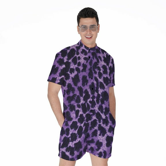 Purple And Black Cheetah Short Sleeve Men'S Rompers Casual Summer Jumpsuits Outfit