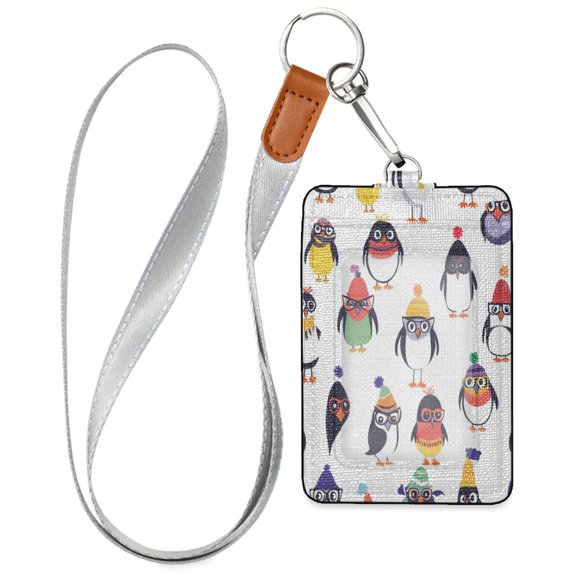 PU Leather ID Badge Holder Stylish Badge Holders with Lanyard (4.3x2.8x0.3in) for Cards & Credentials Cute Cartoon Penguins
