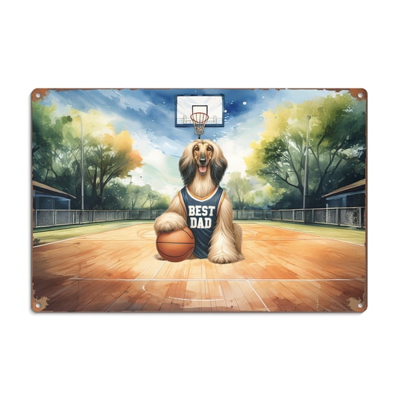 Happy Father's Day Afghan Hound Playing Basketball with Best Dad Jersey Horizontal Metal Aluminum Sign Dog Lover Wall Art Home Decor - 13006