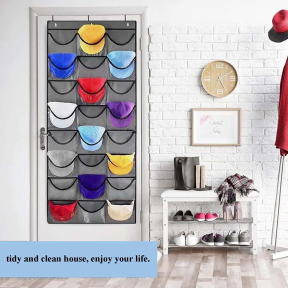 Hat Organizer, Hat Racks for Baseball Caps with 24 Pockets, Over The Door Hat Rack with 3 Hooks Save Space in Bedroom,Living Room,Bathroom,Kitchen,Entry Room, Hallways(White)