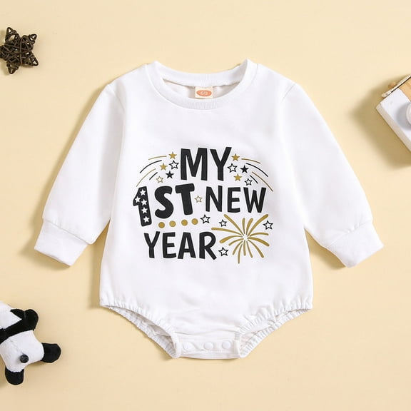 WOYY Newborn Boys New Year Bodysuit Letter Printed Long Sleeve Pullover Romper Playsuit