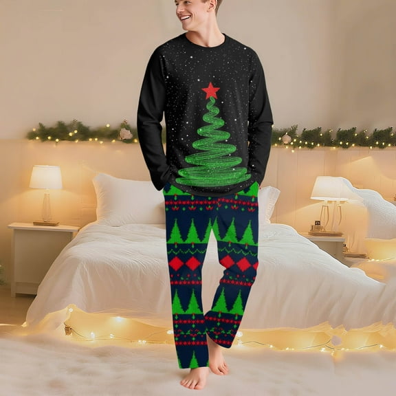 Uaswgudfs Christmas Family Matching Pajamas Dad’s Set, Christmas Tree Knit Print Long Sleeve Crew Neck Top   Dual Pocket Pants, Festive Holiday Sleepwear for Dad – Walmart Bestseller