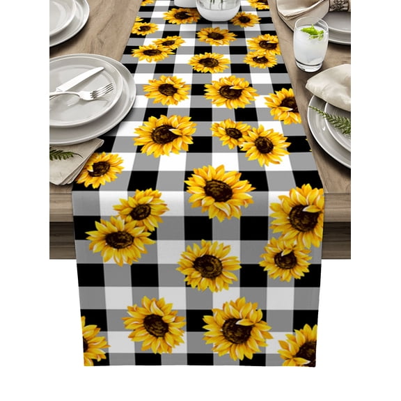 Table Runner Dresser Scarves 90 Inch Long, Watercolor Sunflower on Buffalo Linen Dining Table Runners Black and White Plaid Lattice Tabletop Scarf for Wedding Holiday Party Kitchen