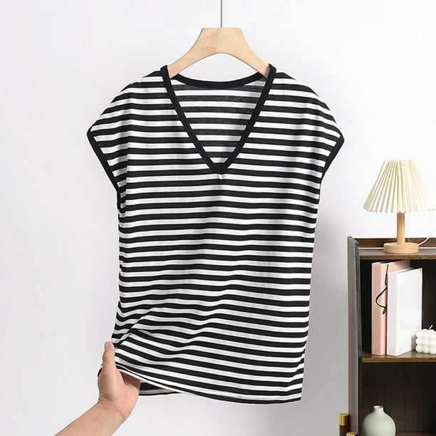 Pijama de manga corta para mujer, informal, holgado, a rayas, con cuello en V, de verano, fino, de poliéster