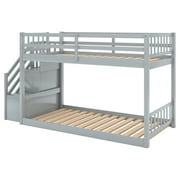 Euroco Wood Twin over Twin Floor Bunk Bed with Staircase for Kids Teens Room, Gray