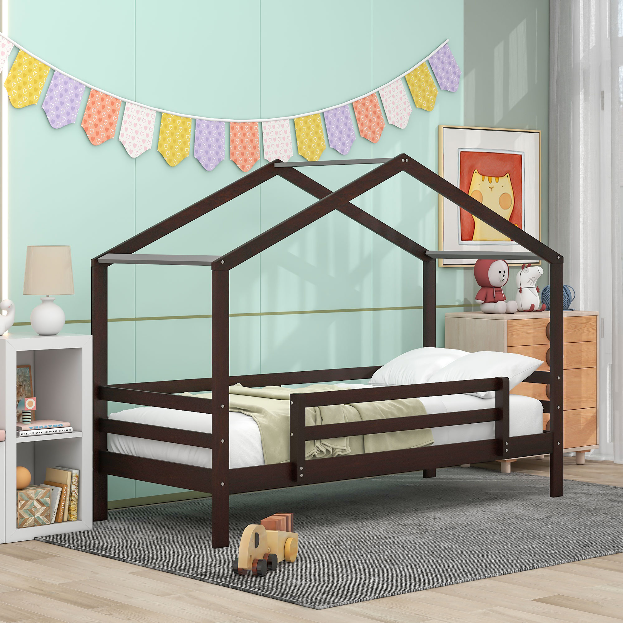 Euroco Twin over Twin House Bunk Bed with Slide, Convertible 2 Beds in One for Kids Bedroom, Espresso