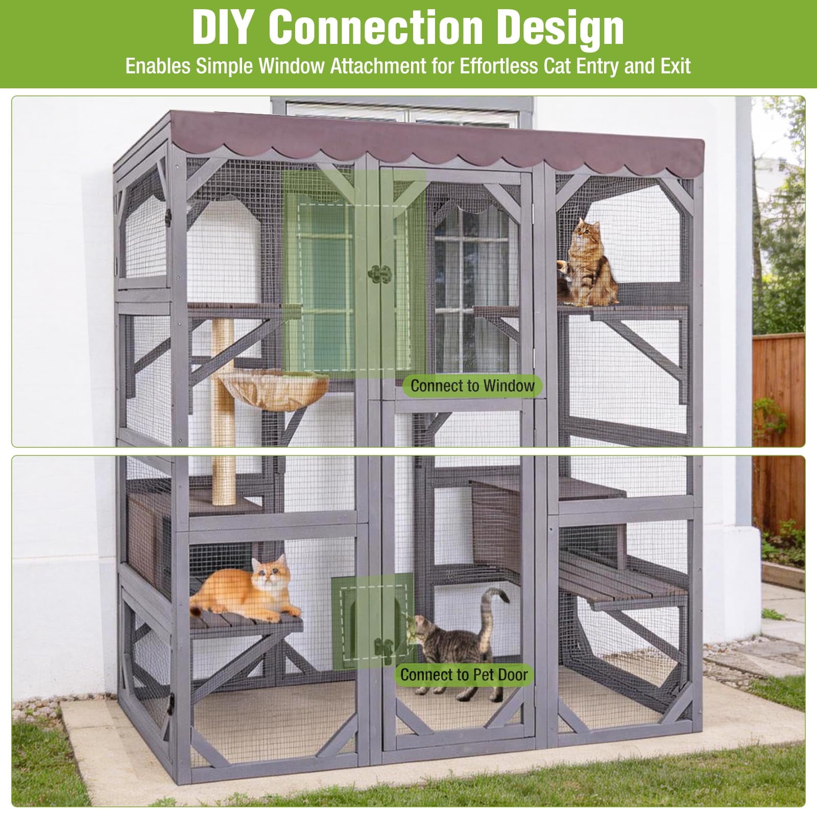 MEDEHOO Catio Outdoor Cat Enclosure - 70" Large Wooden Cat House with 5 Platforms, 2 Napping Boxes & Weatherproof Asphalt Roof, Walk-in Kitty Condo for Multiple Cats
