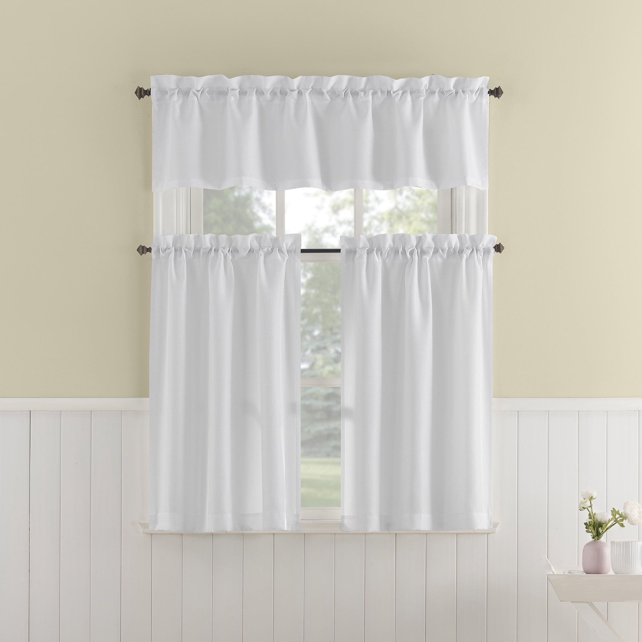 Mainstays Textured Small Window 3-Piece Cafe Curtains with Valance, Rod Pocket, White, 56 in W x 36 in L