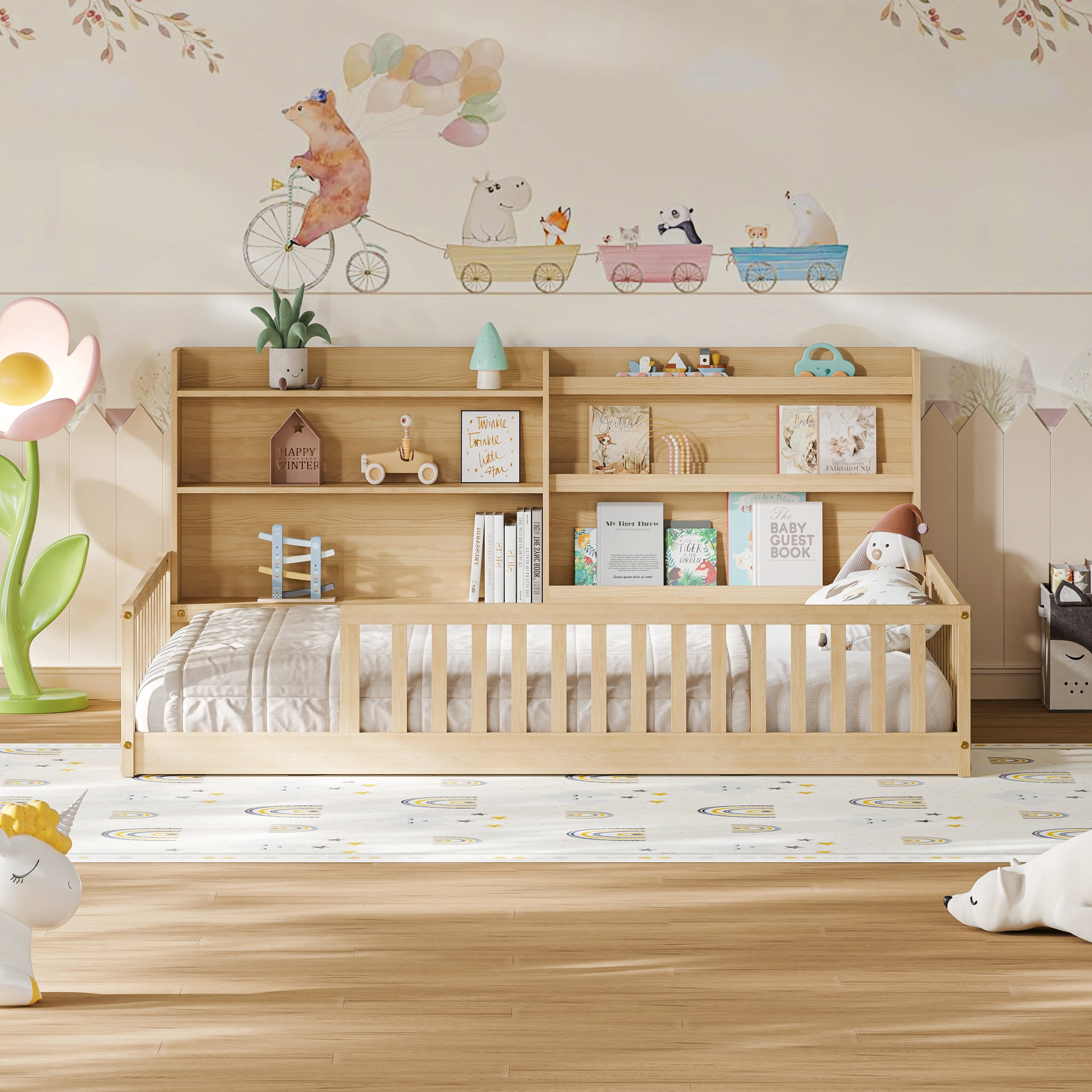Garitin Full Floor Bed and Montessori Kids Bed 77.2 Inch, Solid Pine Wood Frame with Bookshelf and Safety Rails for Children Bedroom, Natural