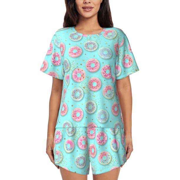 Balery Colorful Sweet Donuts Conjunto de Pijama para Mujer con Estampado, Dos Piezas de Manga Corta y Shorts, Ropa de Dormir Suave con Cuello Redondo y Bolsillos-Large