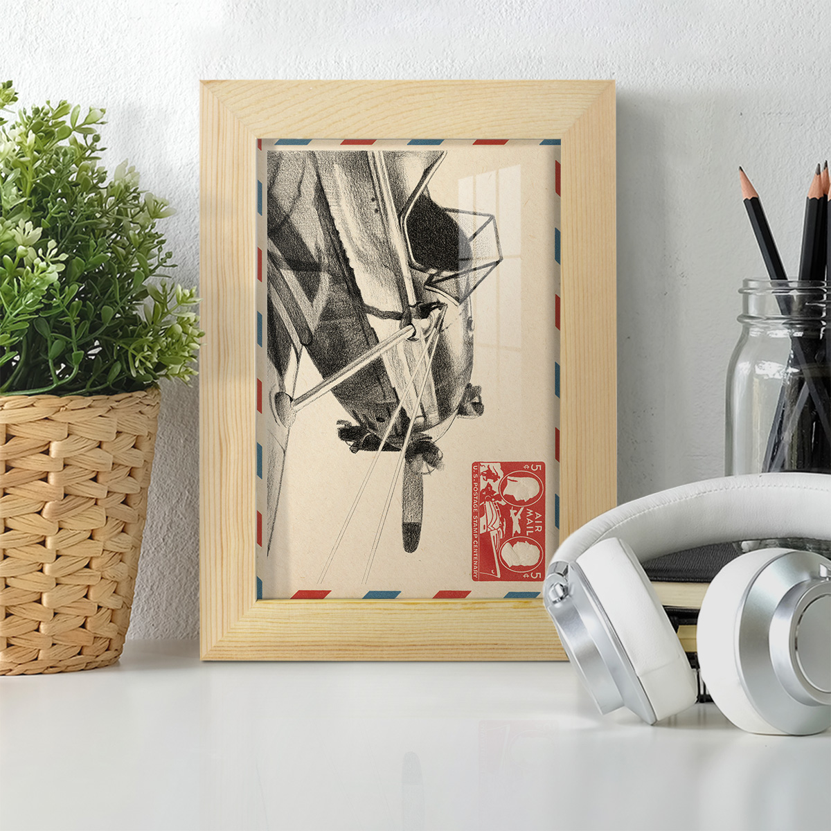 Vintage Airmail I -Framed Print w/glass-Natural Wood