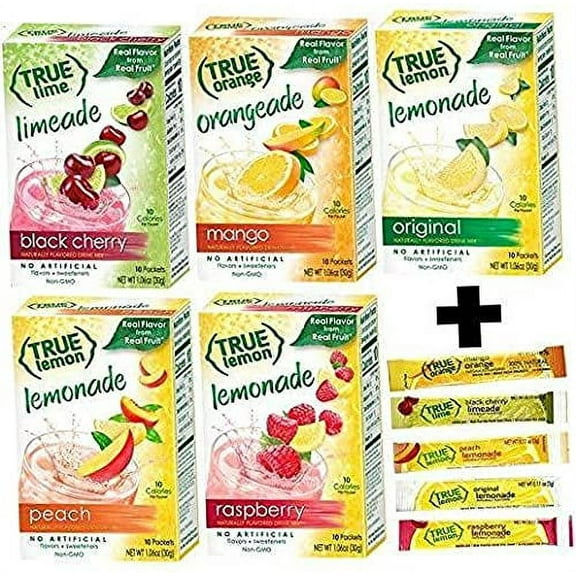 True Lemon Assorted Beverage Pack: (5boxes 10ct each) with 5 FREE BONUS Sticks of Lemonade! True Lemon Original Lemonade, True Peach Lemonade, True Black Cherry Limeade, True Mango Orange an