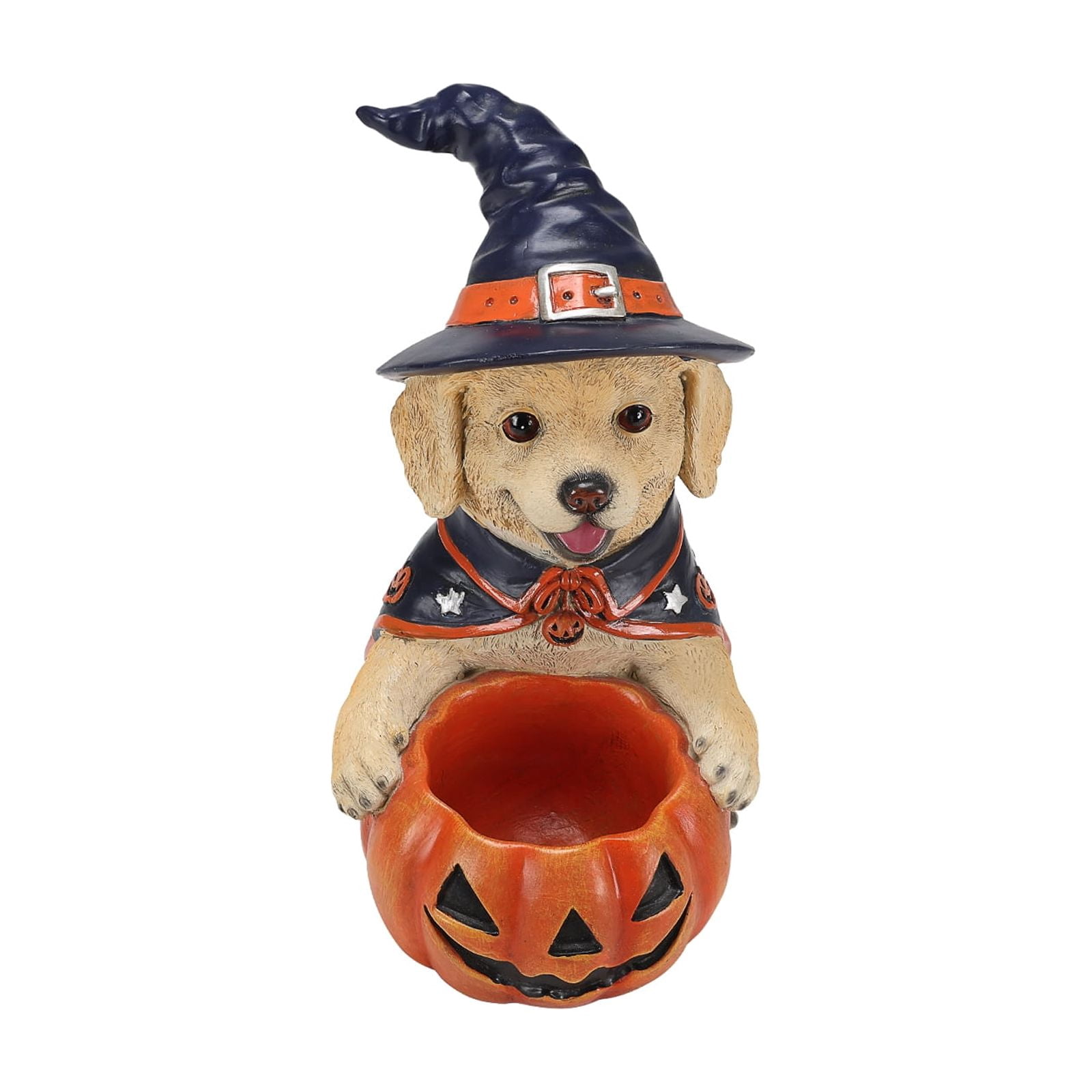 Labrador Puppy Witch Halloween Candy Bowl with Pumpkin Holder Resin Tabletop Decor