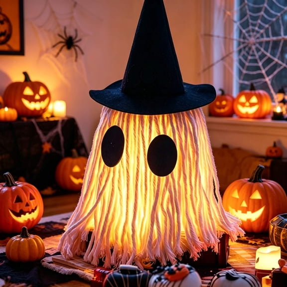Pnmtdaia Halloween Woven Tassel Ghost Lamp with Black Witch Hat, Handmade Flowing Fringe Spooky Ghost Ambient Light for Indoor Outdoor Yard Porch Halloween Party Decor