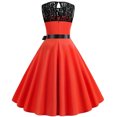 thumbnail image 4 of YYDGH Women's 1950s Vintage Rockabilly Swing Dress Crew Neck Floral Lace Cocktail Party Dress Wedding Prom Evening Dresses Red S, 4 of 7