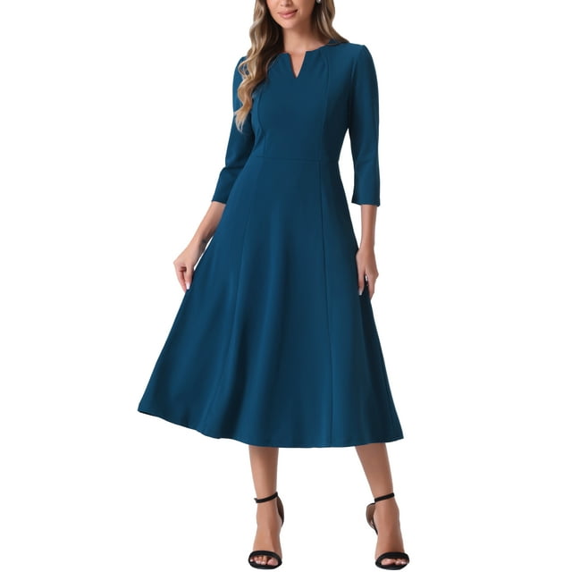 Vestido de trabajo para mujer Inspire Chic, corte A, mangas 3/4, vestido midi elegante, azul oscuro, talla XS