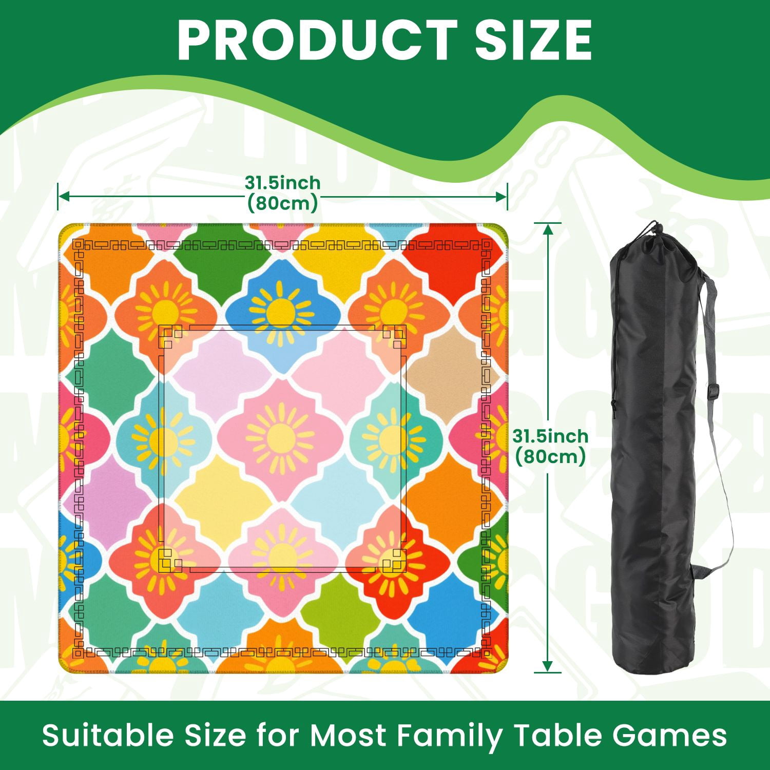 Mahjong Mat 31.5" x 31.5" Colorful Geometric Floral Sun Motifs Vibrant Palette Non-Slip Noise Reduction American Mahjong Tiles Table Cover for Dominoes Poker Card Board Games Gift