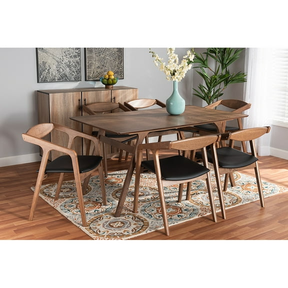 Baxton Studio Harland Mid-Century Modern Black Faux Leather Upholstered and Walnut Brown Finished Wood 7-Piece Dining