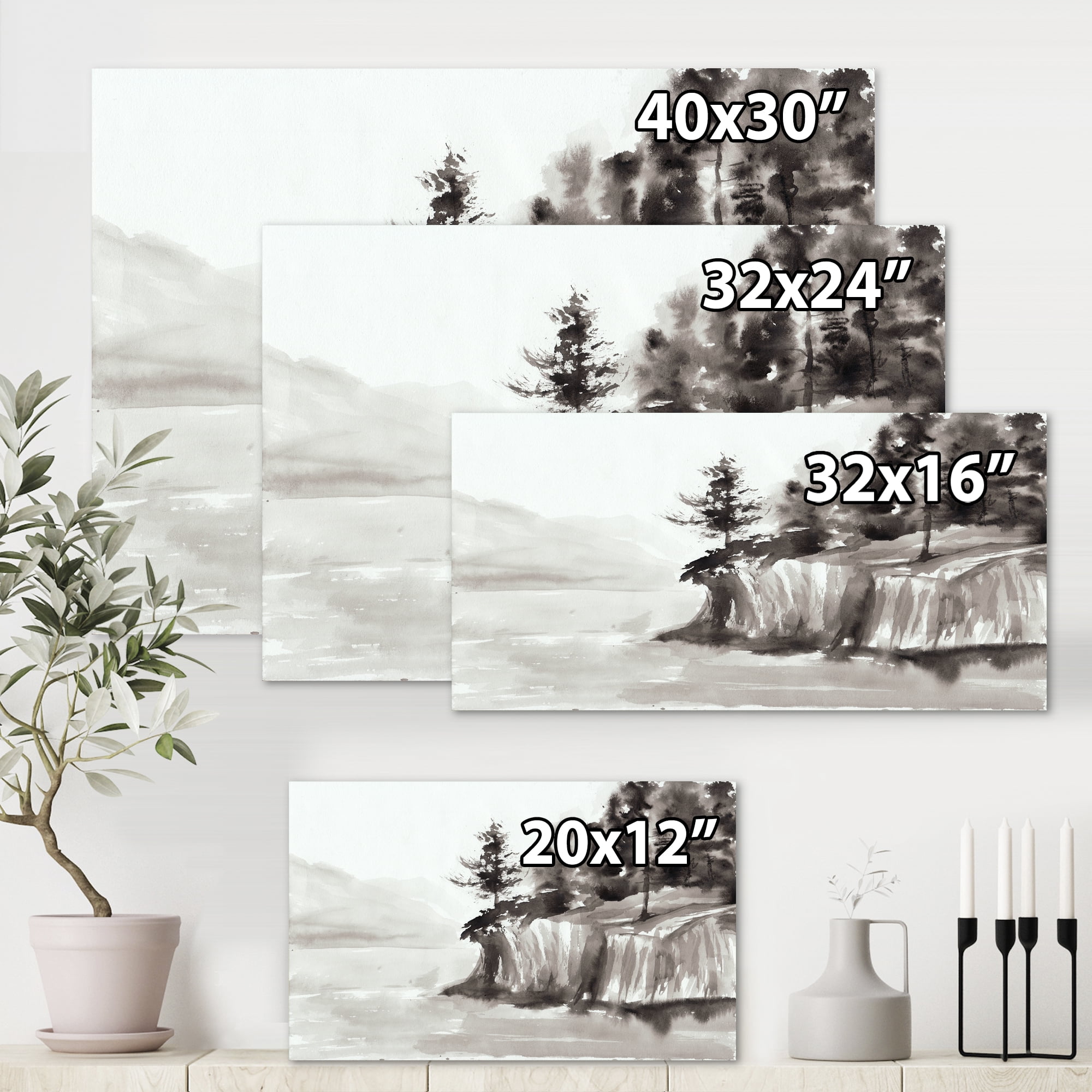 Black & White Cliffs By The Lake 40 in x 30 in Painting Canvas Art Print, by Designart