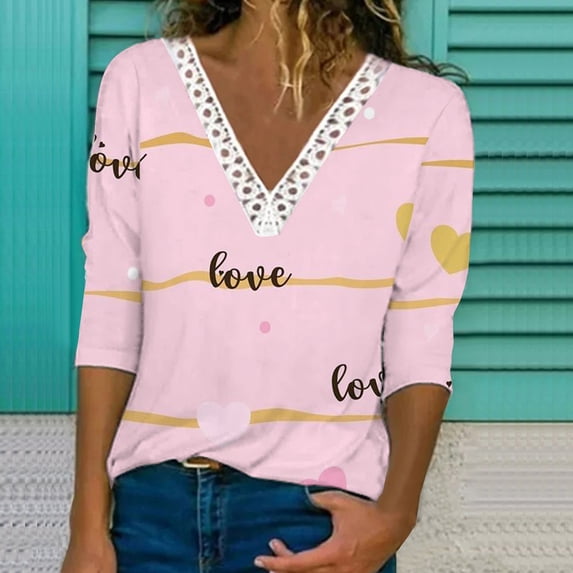 Azrian Plus Size Shirt Clearance in Summer Casual Women's V Neck Summer Sexy Gradient Valentine's Day Print Regular Women's Long Sleeve Top
