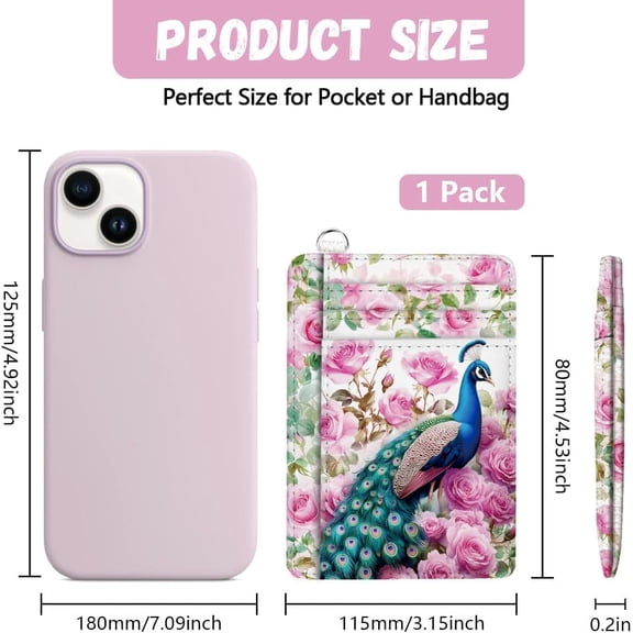 Credit Card Holder Slim Wallet Peacock and Flower RFID Wallet Women Front Pocket Small Card Holder Travel Cute Funny Thin Card Case ID Window PU Leather RFID Blocking Card Organizer Gifts