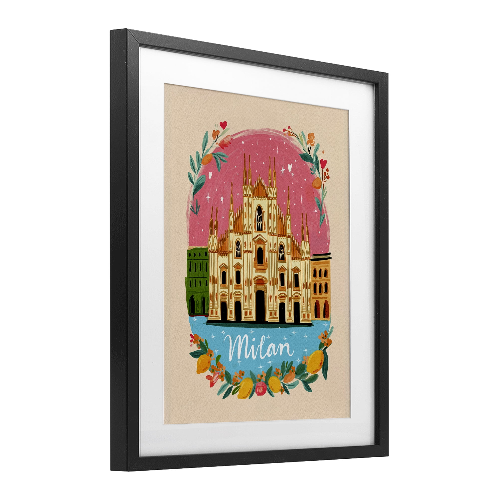 Floral Bordered Milan Black Framed Print Under Glass, design by Yen