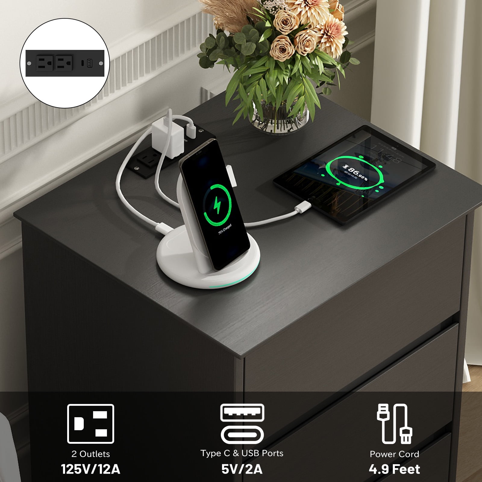 3 Drawers Nightstand Set of 2 with Charging Station, Bedside Table End Table for Bedroom Living Room, Black