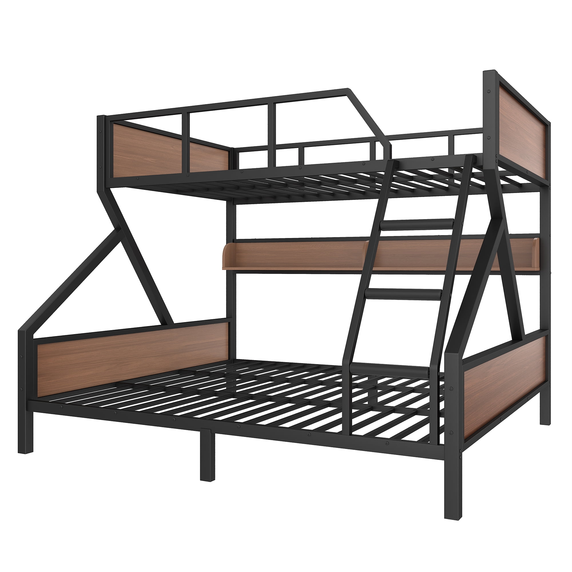 Queen over King Bunk Bed with Storage Shelves and LED Lights, Multifunctoinal Bunk Bed Frame with Ladder and Guardrails, Space-saving & Noise-free Design