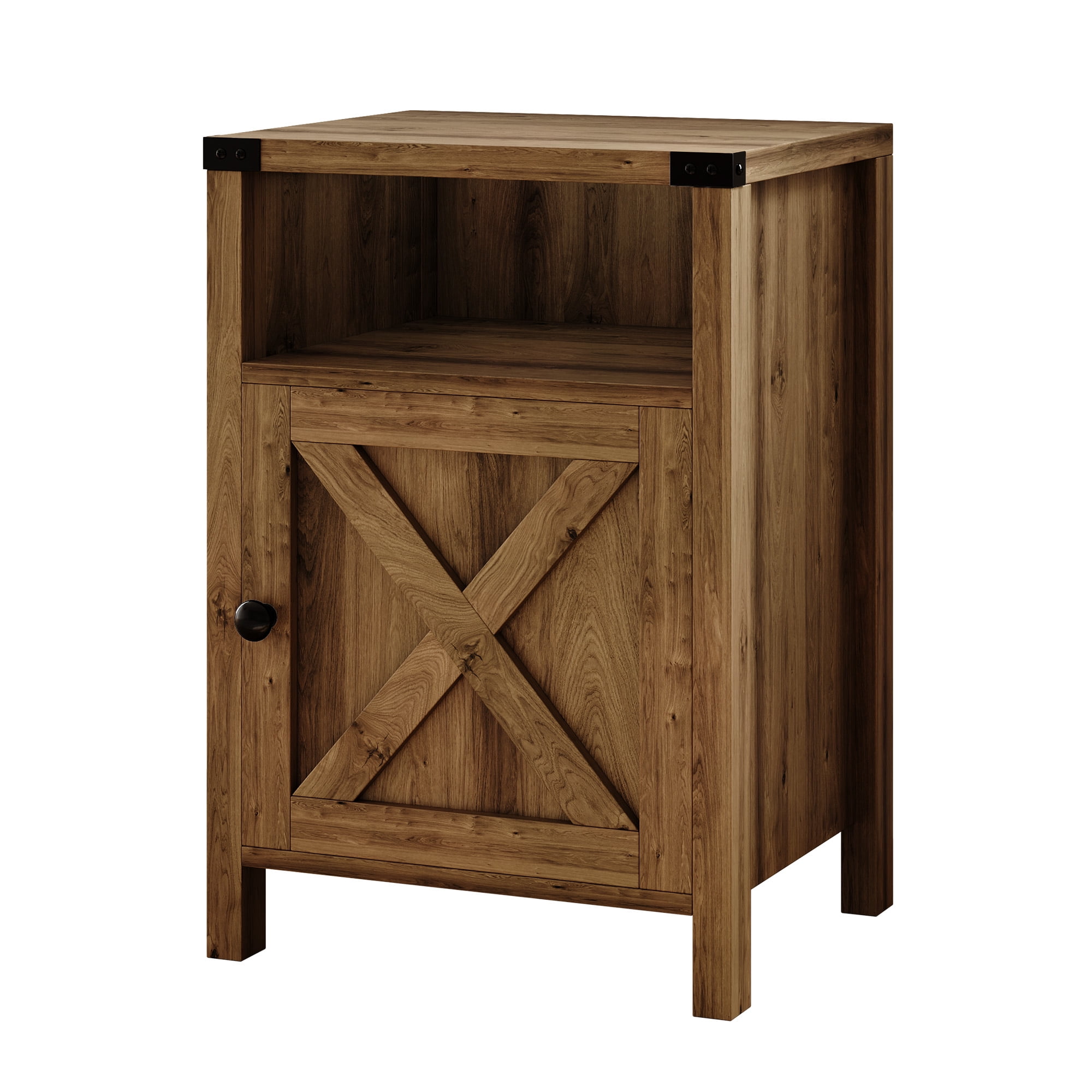 4 EVER WINNER Farmhouse Single Barn Door Side Table, Rustic Oak Storage End Table, Industrial Accent Table for Living Room Areas