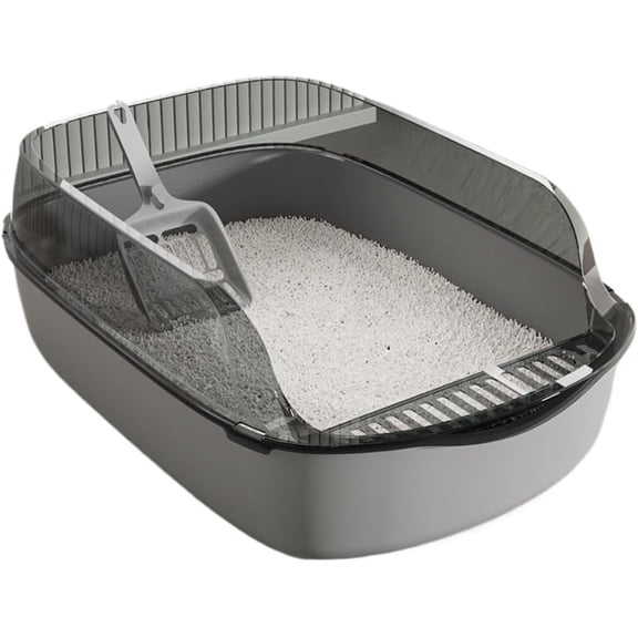 OFEFE Open Semi-Enclosed Cat Litter Box - Anti-Splash Design with High Sides & Low Entry, 15.75"L x 11.47"W x 5.91"H Gray Plastic Litter Tray for Indoor Cats
