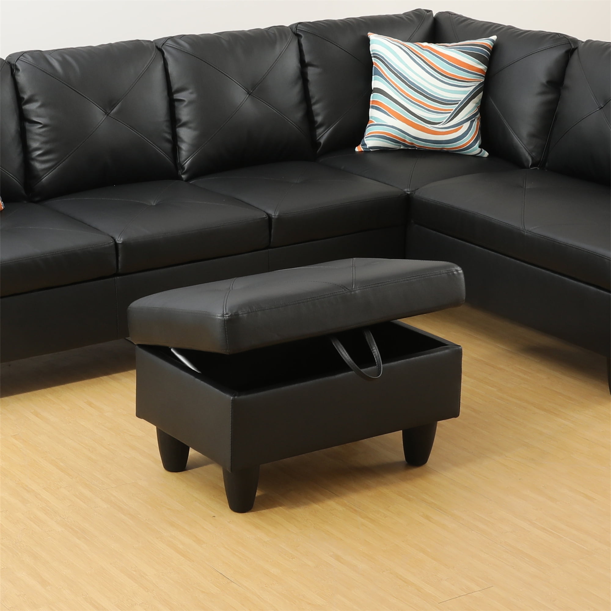 Aukfa 29" Storage Ottoman Bench for Sectional Sofa for Home Office, Lift Top , Leather, Black