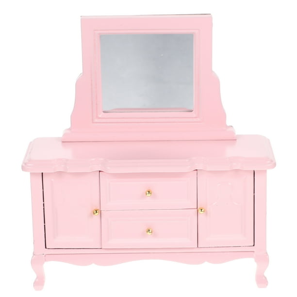 KAKOWELY Mini tocador de madera para casa de muñecas con espejo, modelo de tocador de madera, decoración