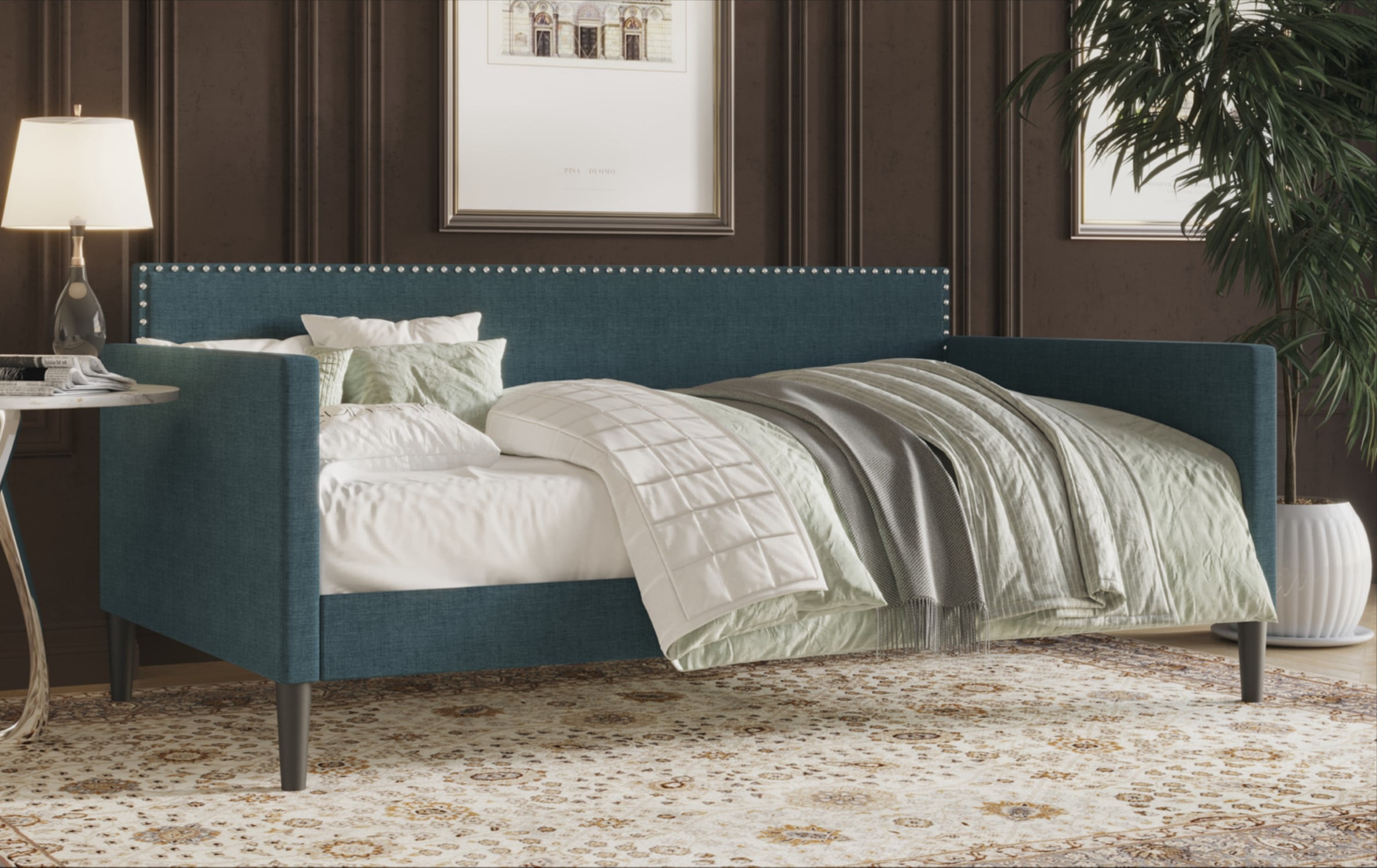 Home Design Sutton Twin Daybed with Upholstered Frame, Square Arms, Nailhead Trim, Comfortable Polyester Fabric, Stylish Seating and Sleeping Solution, Denim Blue