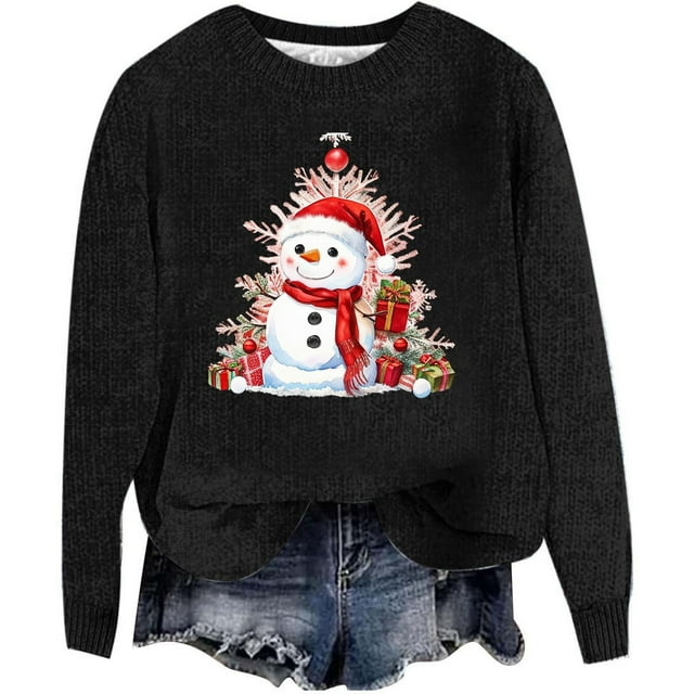 WEAIXIMIUNG Sweatshirts pour Femmes Col Rond Mode Automne/hiver Pull Extérieur Col Rond Imprimé de Noël Pull à Capuche Tricoté Grossier