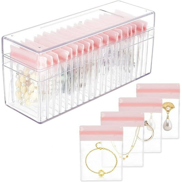Organizador de joyas de acrílico transparente con 20 bolsas de joyería portátiles rosas, organizador de almacenamiento de joyas, caja de joyería, estuche de viaje para joyas.