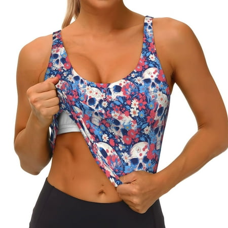Qokaie daisy Skull red flower Pattern Womens Scoop Neck Sports Bra Breathable Workout Vest Padded U Back Medium Impact Fitness Gym Yoga Bra Workout Crop Top
