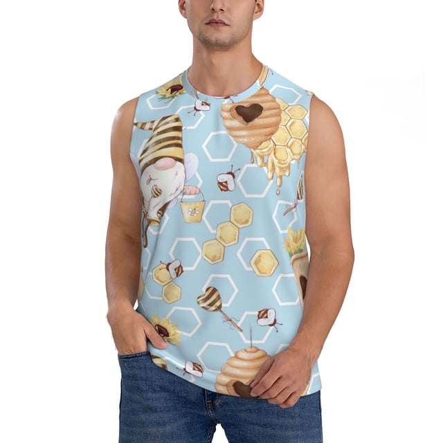 Fotbe Cute Gnome Bee Collects Honey Men's Camiseta sin Mangas Estampada para Hombres, Playera Casual para Gimnasio, Entrenamiento, Playa-X-Large