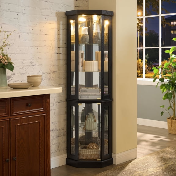 HIUU 70"H Lighted Corner Curio Cabinet,Black Corner Display Cabinet with Glass Doors,Lighted Curio Cabinet with Adjustable Shelves,Tall Cabinet with Glass Mirrored Back for Living Room